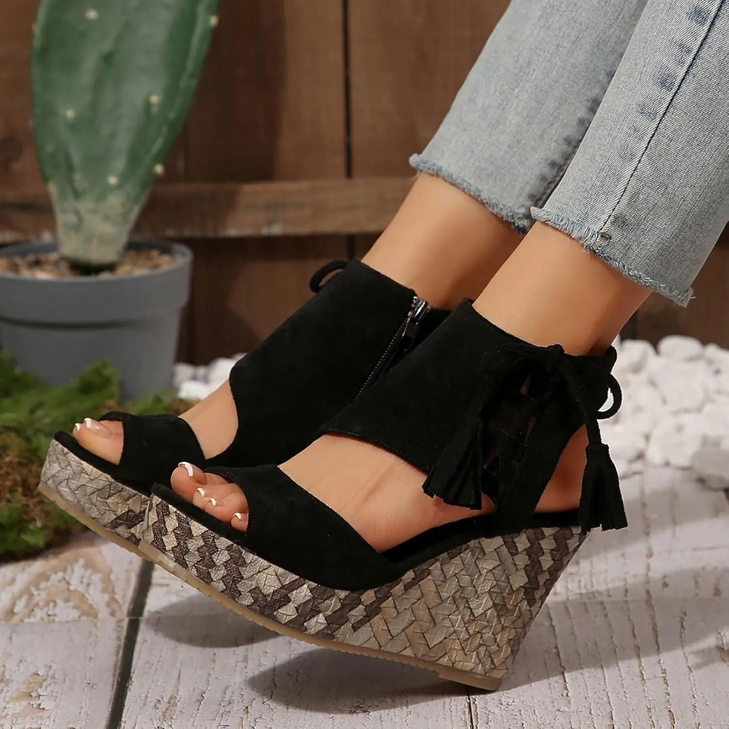 Wedge Sandals for Women 2025 Fishmouth Open Toe Shoes High Wedge Heel Side Zipper Slingback Ankle Strapy Beach Summer Footwear Arch Support Orthopedic Platform Sandals