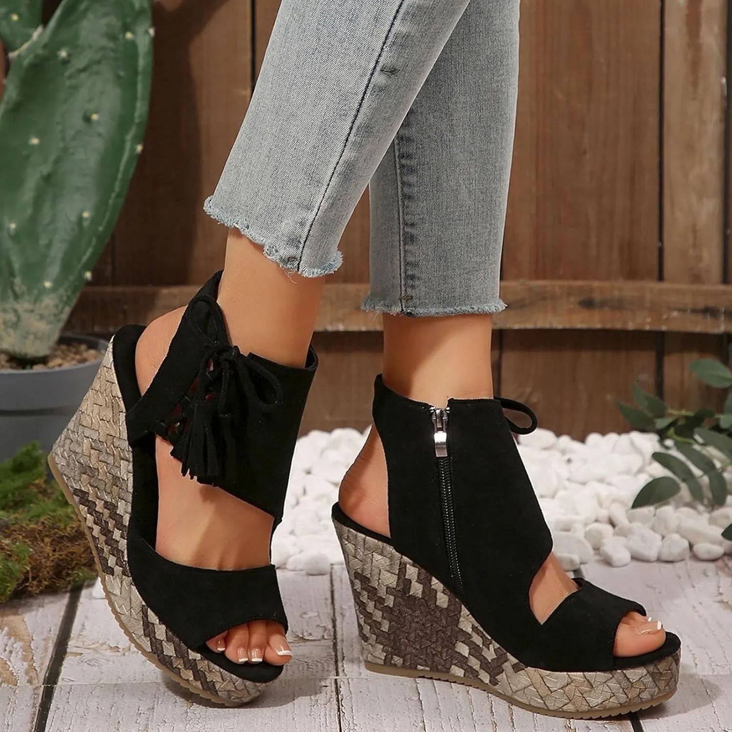 Wedge Sandals for Women 2025 Fishmouth Open Toe Shoes High Wedge Heel Side Zipper Slingback Ankle Strapy Beach Summer Footwear Arch Support Orthopedic Platform Sandals