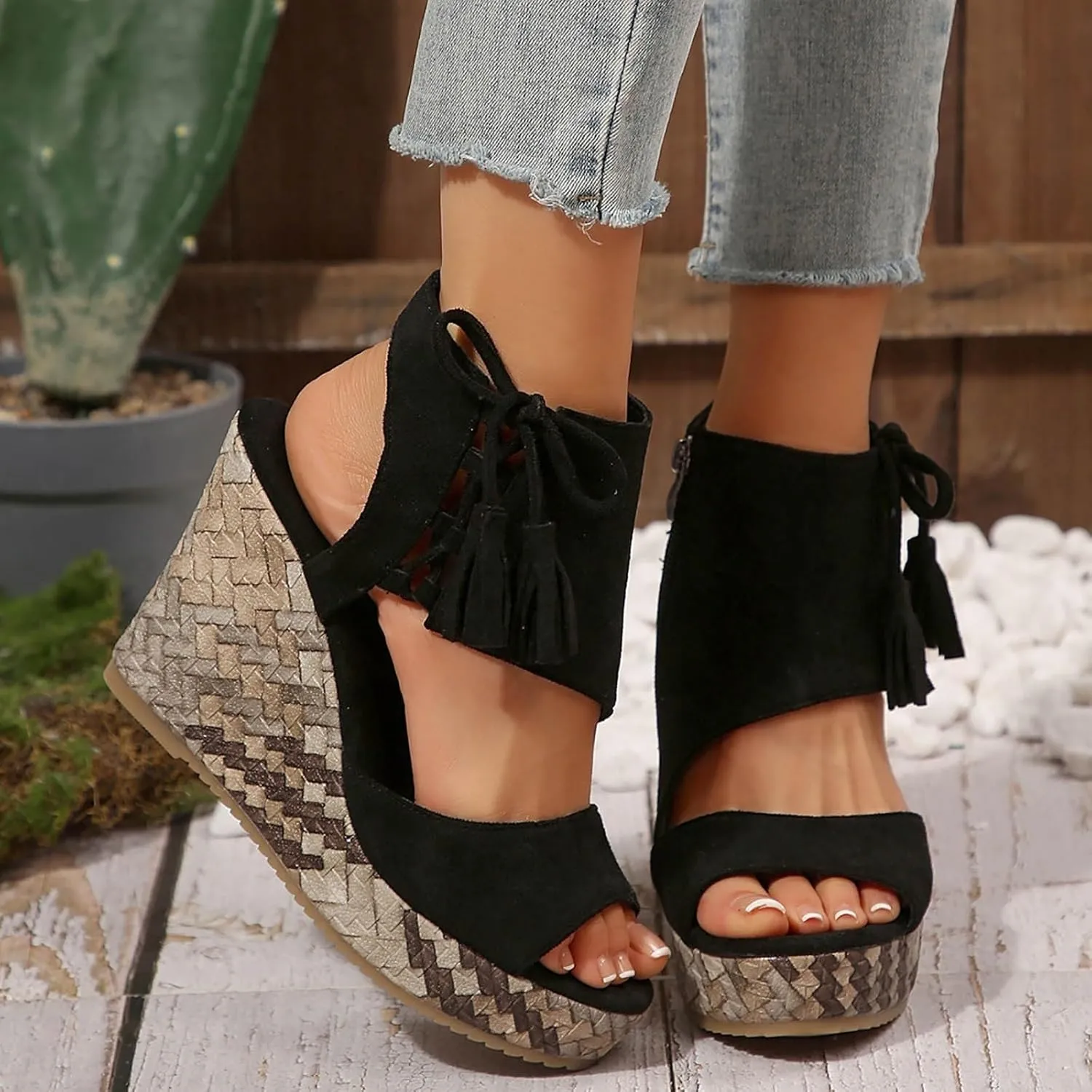 Wedge Sandals for Women 2025 Fishmouth Open Toe Shoes High Wedge Heel Side Zipper Slingback Ankle Strapy Beach Summer Footwear Arch Support Orthopedic Platform Sandals