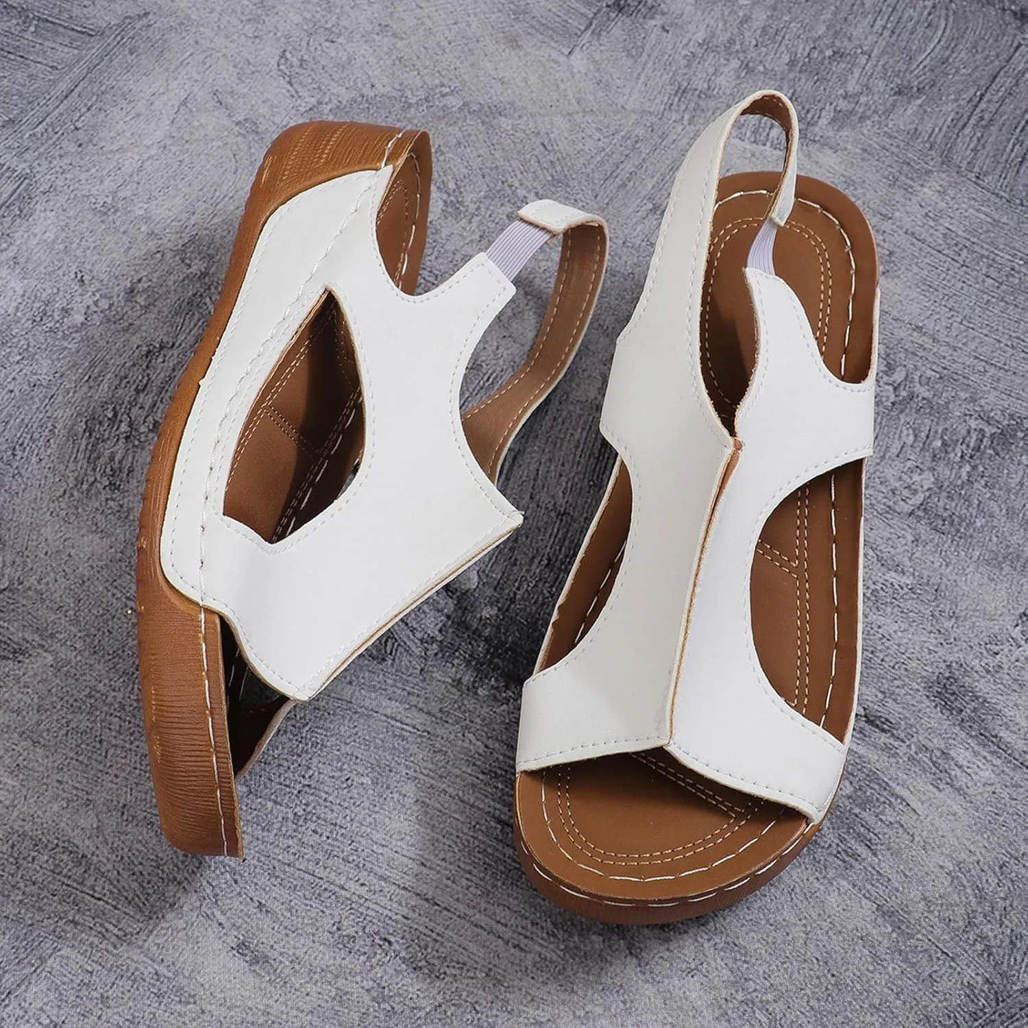 Wedge Sandals for Women 2025 Womens Orthopedic Sandals Fish Mouth Leather Platform Wedges, Open Toe Ankle Strap Slippers Summer Slip on Comfortable Flat Shoes