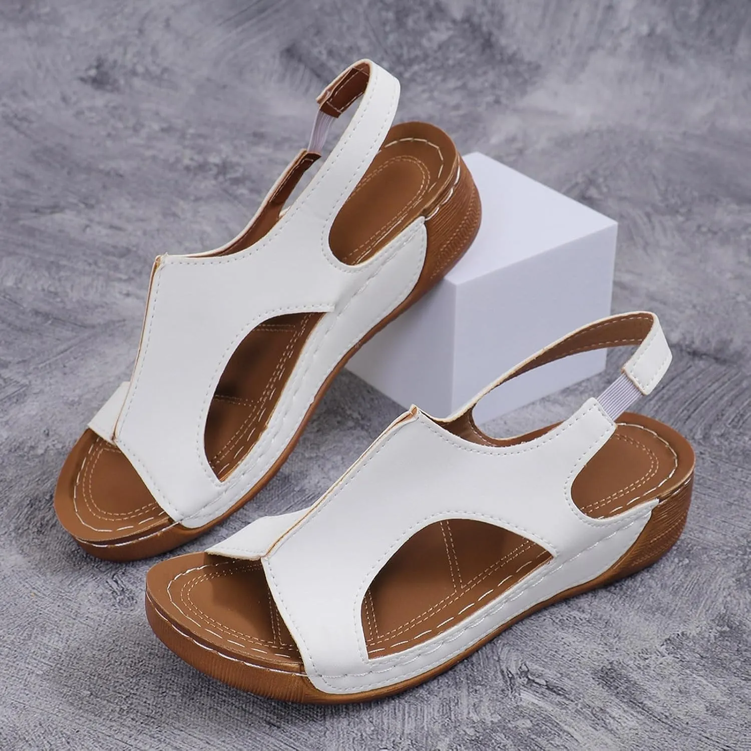 Wedge Sandals for Women 2025 Womens Orthopedic Sandals Fish Mouth Leather Platform Wedges, Open Toe Ankle Strap Slippers Summer Slip on Comfortable Flat Shoes