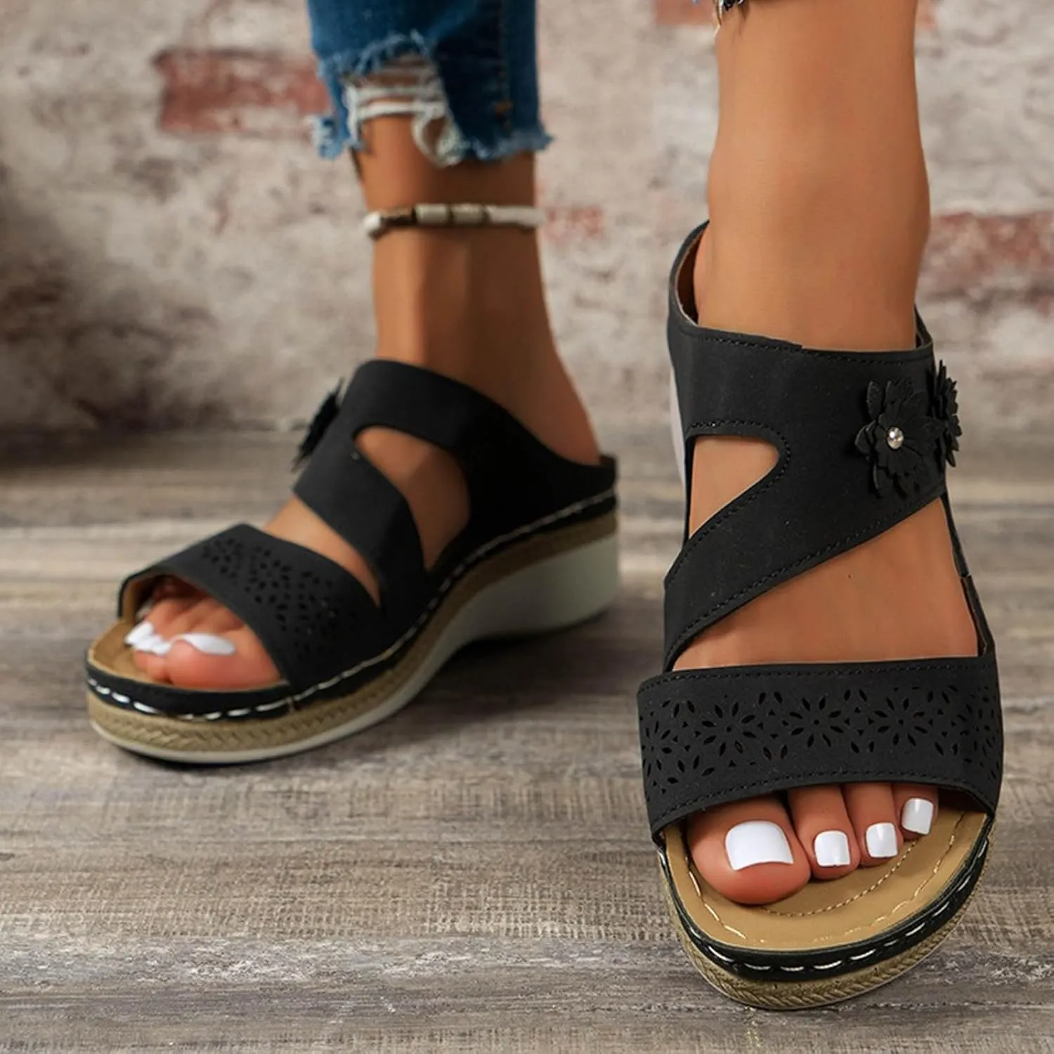 Wedge Sandals for Women Summer Orthopedic Sandals Comfortable Platform Wedges, Hollow Out Flower Platform Shoes Casual Slip on Walking Slippers with Arch support
