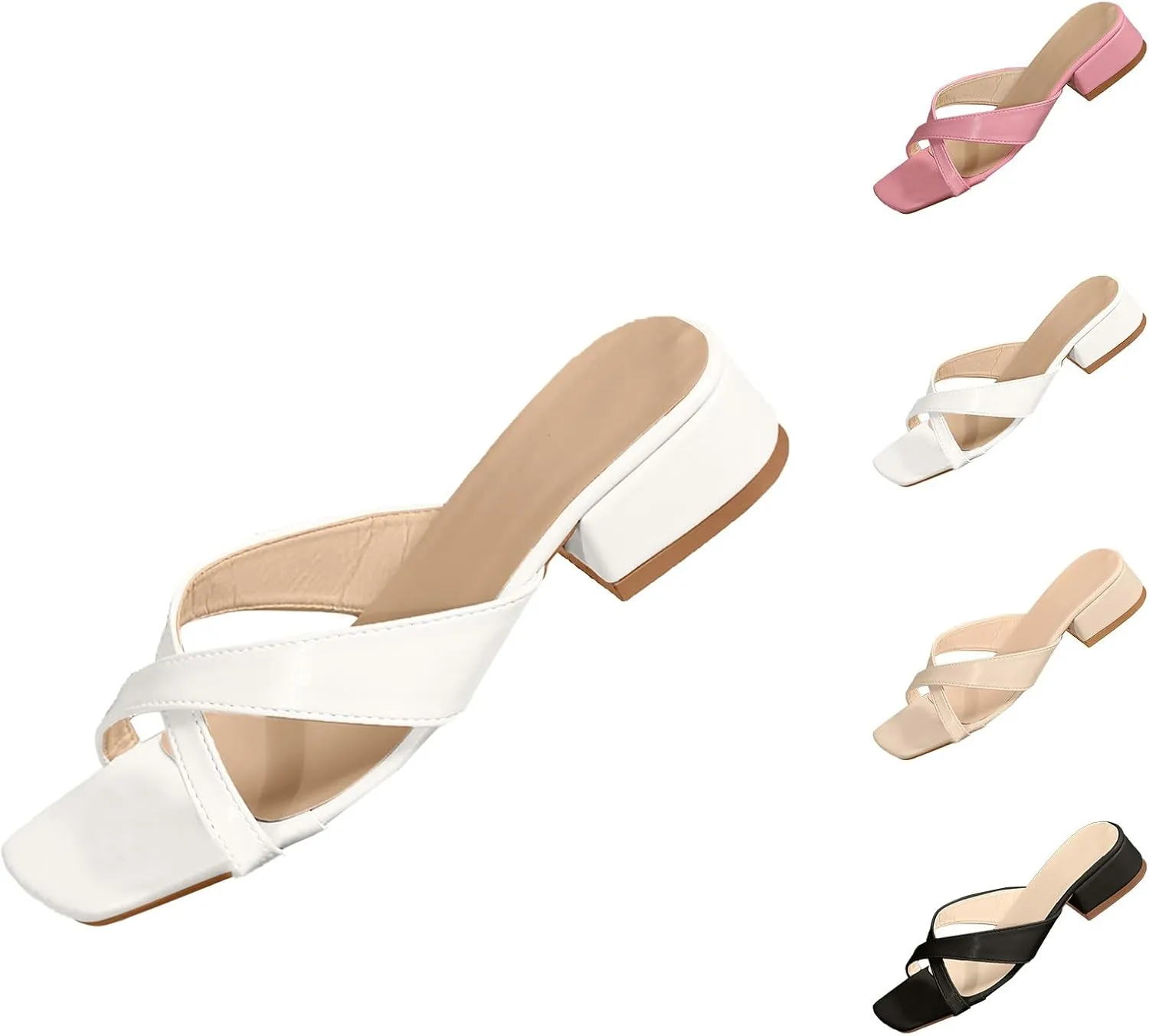 Women's Chunky Heels Square Toe Block Slide Sandal Dress Comfort Arch Support Sandals Summer Beach Party Slides Shoes