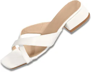 Women's Chunky Heels Square Toe Block Slide Sandal Dress Comfort Arch Support Sandals Summer Beach Party Slides Shoes