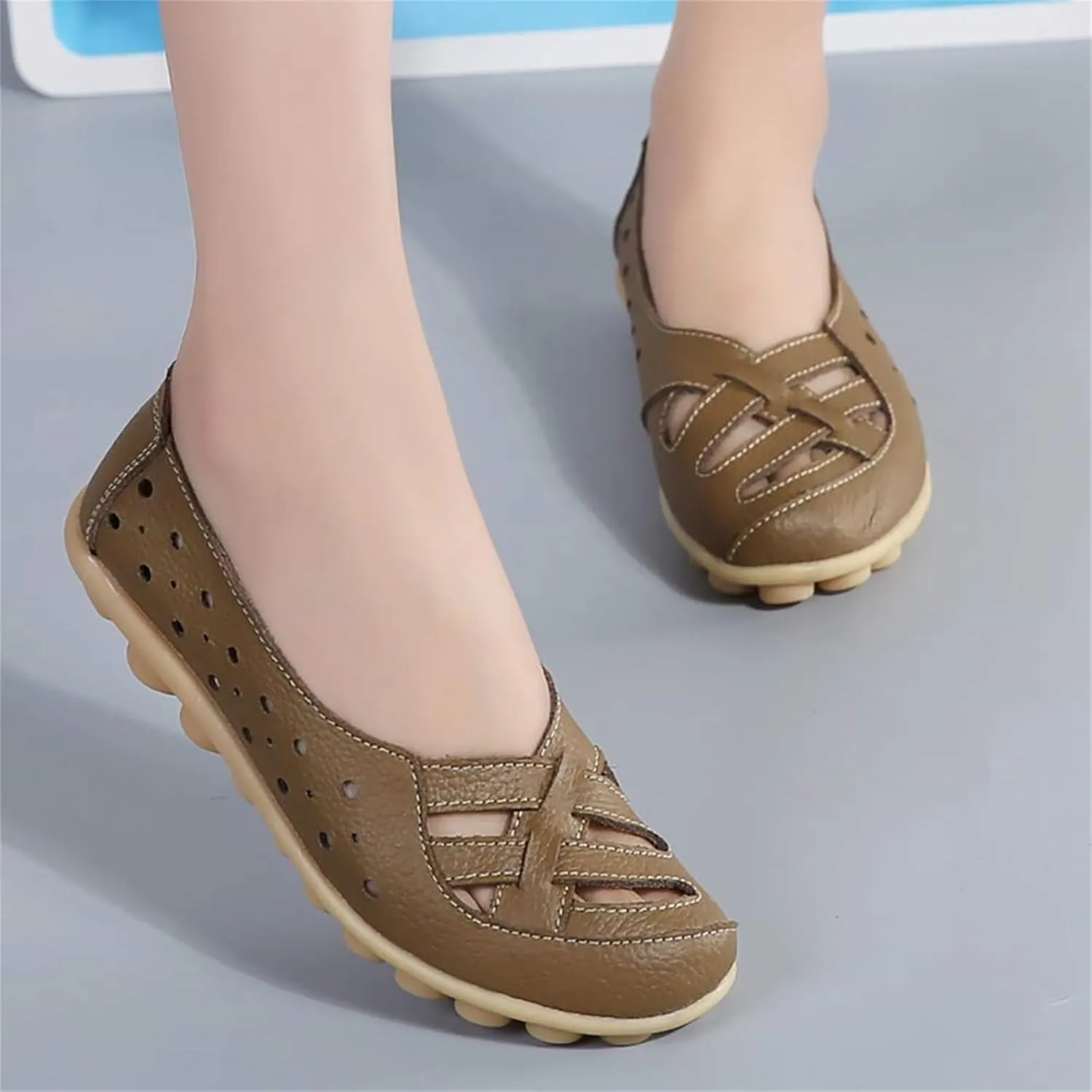 womens comfort sandals Breathable Leather Hollow Out Loafer Flats Summer Slip-On Cutout Sandals Casual Round Toe Orthopedic Loafers Fashion Soft Shoes