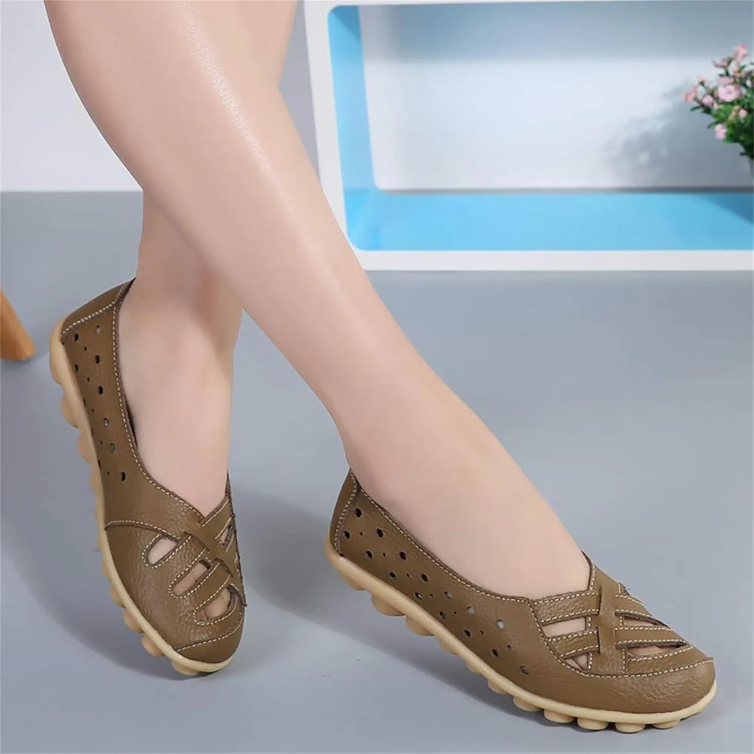 womens comfort sandals Breathable Leather Hollow Out Loafer Flats Summer Slip-On Cutout Sandals Casual Round Toe Orthopedic Loafers Fashion Soft Shoes