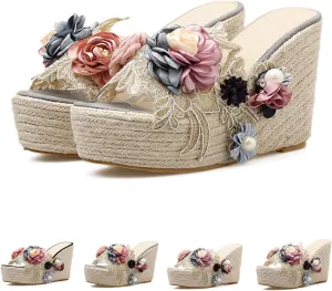 Women's Flower Woven Espadrille Wedge Sandals Slides Bohemia Casual Breathable Dress High Heels Platform Shoes