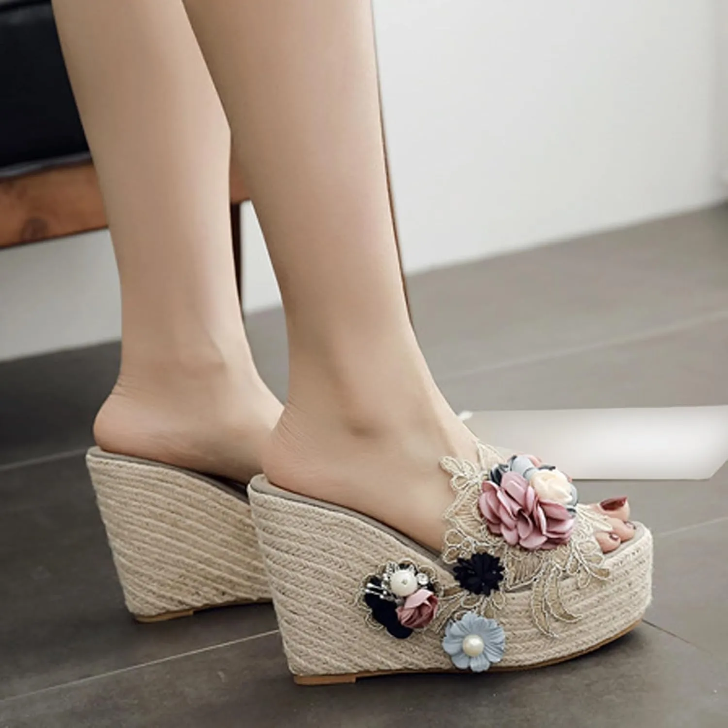 Women's Flower Woven Espadrille Wedge Sandals Slides Bohemia Casual Breathable Dress High Heels Platform Shoes