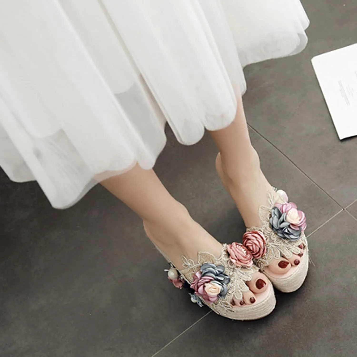 Women's Flower Woven Espadrille Wedge Sandals Slides Bohemia Casual Breathable Dress High Heels Platform Shoes