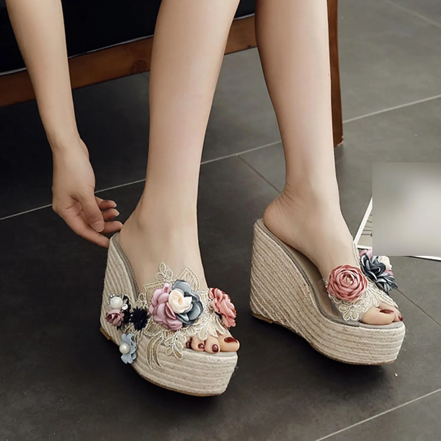 Women's Flower Woven Espadrille Wedge Sandals Slides Bohemia Casual Breathable Dress High Heels Platform Shoes