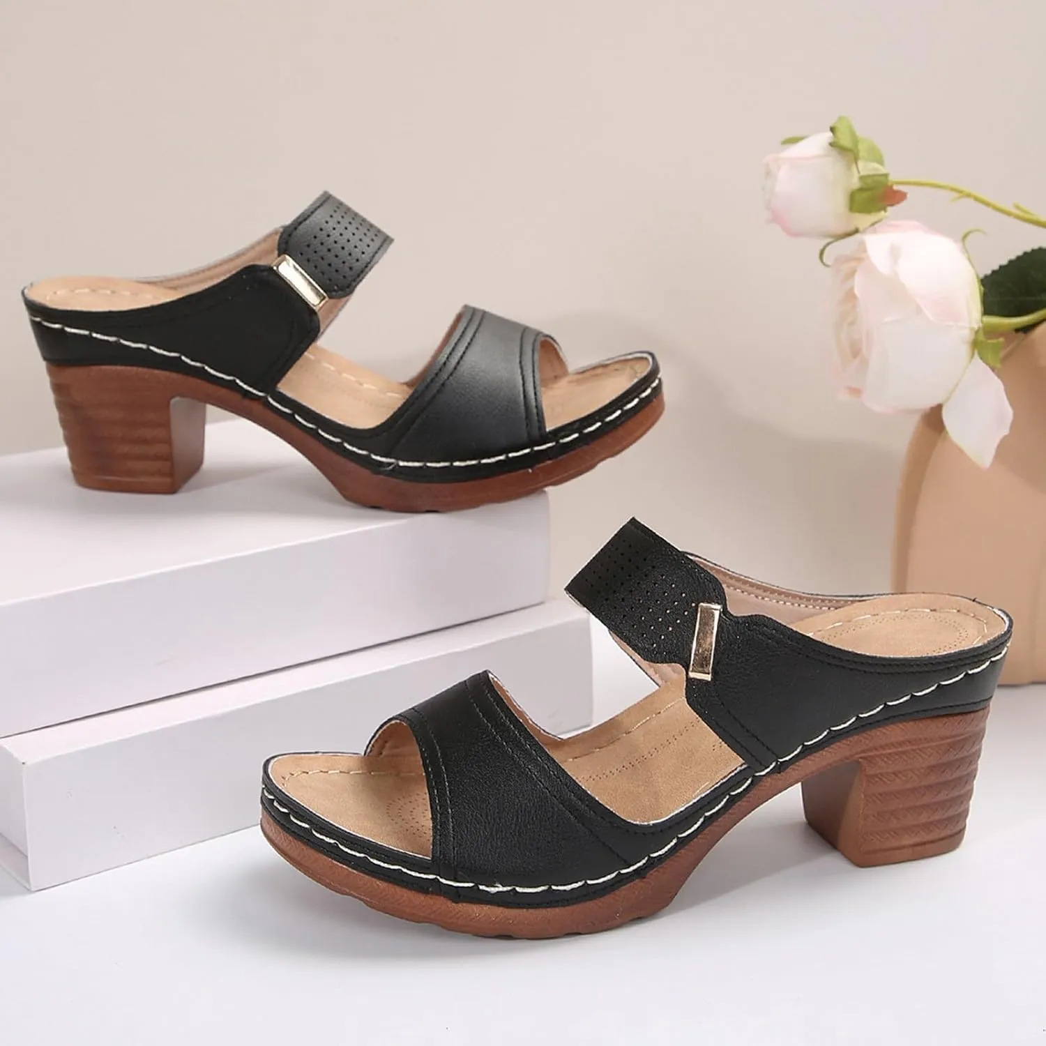 Women's Heeled Sandals Summer Casual Open Toe Mid Ankle Sandal Lightweight Platform Chunky Heels Low Block Shoes Comfortable Slip On Solid Color Summer Mules 2025
