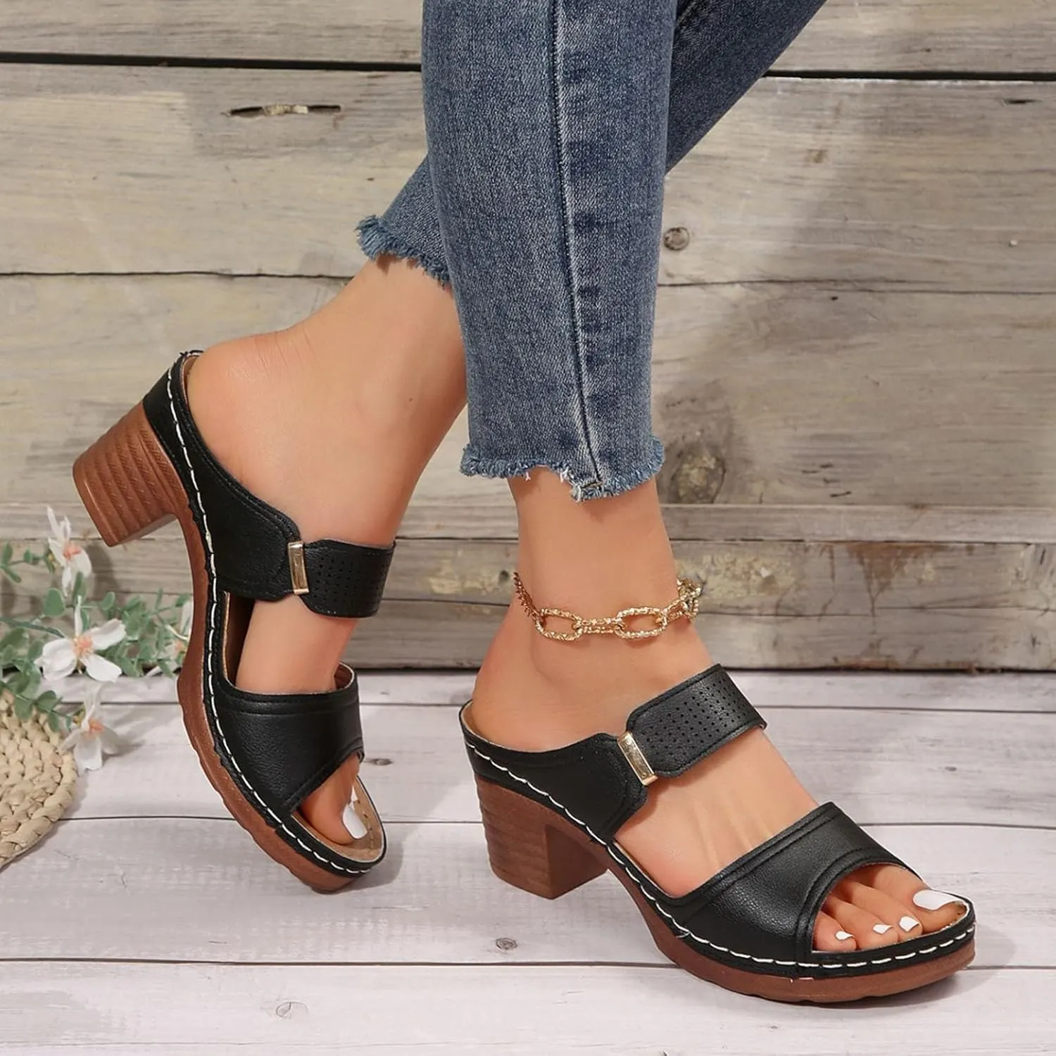 Women's Heeled Sandals Summer Casual Open Toe Mid Ankle Sandal Lightweight Platform Chunky Heels Low Block Shoes Comfortable Slip On Solid Color Summer Mules 2025
