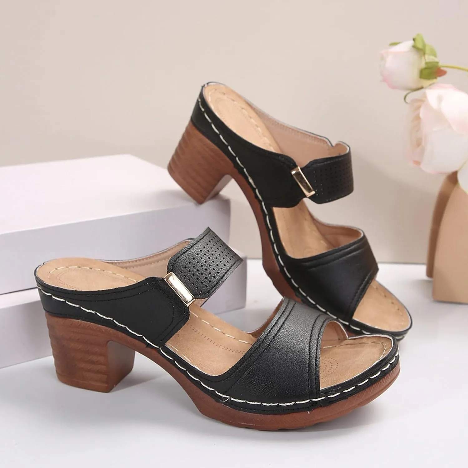 Women's Heeled Sandals Summer Casual Open Toe Mid Ankle Sandal Lightweight Platform Chunky Heels Low Block Shoes Comfortable Slip On Solid Color Summer Mules 2025