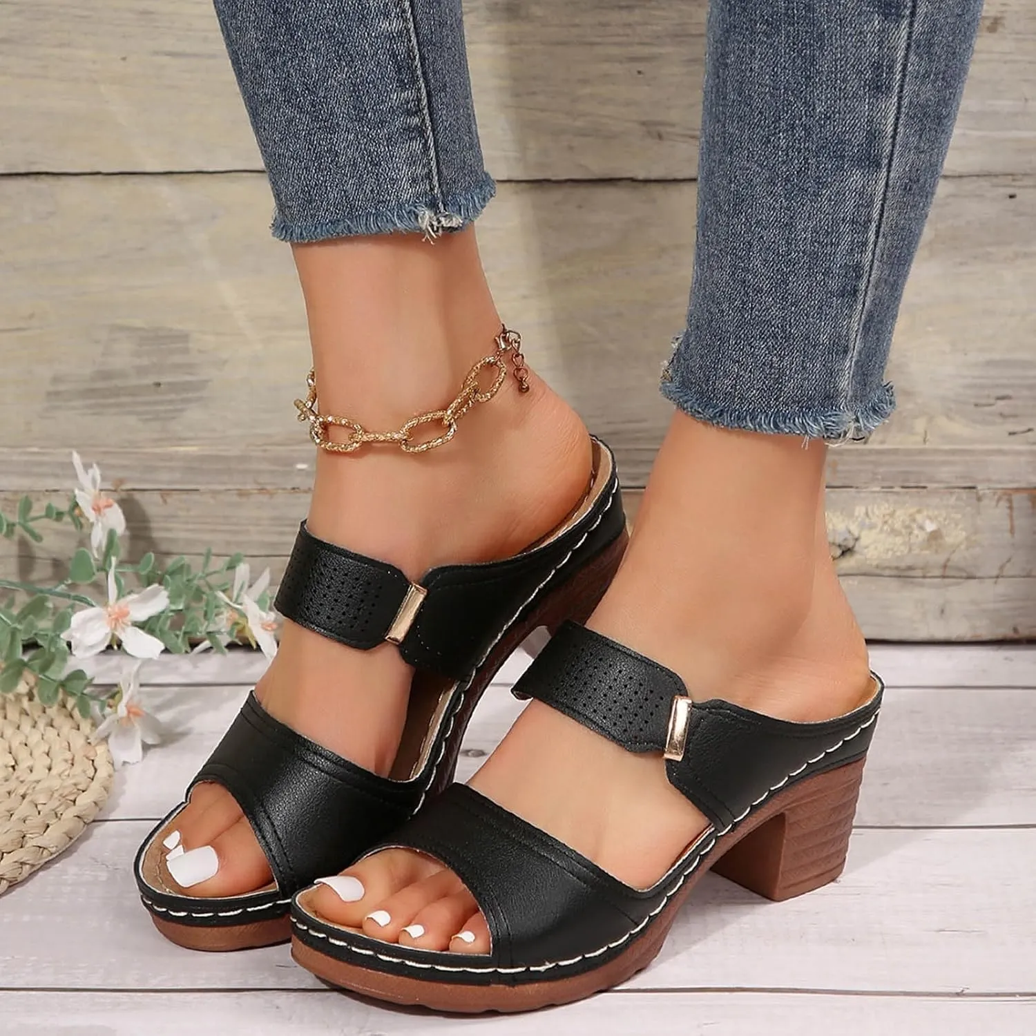 Women's Heeled Sandals Summer Casual Open Toe Mid Ankle Sandal Lightweight Platform Chunky Heels Low Block Shoes Comfortable Slip On Solid Color Summer Mules 2025
