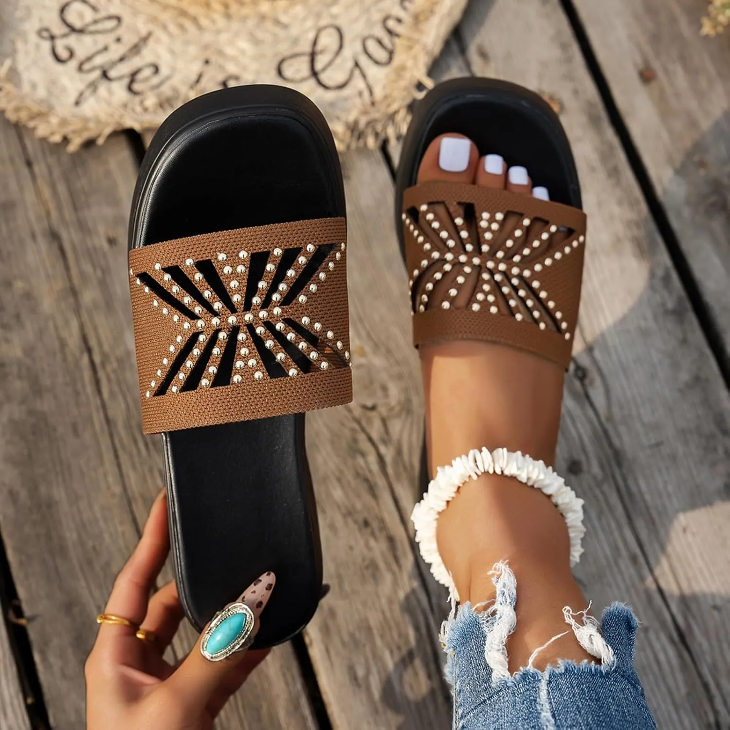 Womens Slide Sandals Plantar Fasciitis Arch Support Shoes Slip On Open Toe Thick Cushion Slippers Boho Beach Sandal Summer Walking Sandals Comfortable Casual Shoes Yoga Mat Shoe