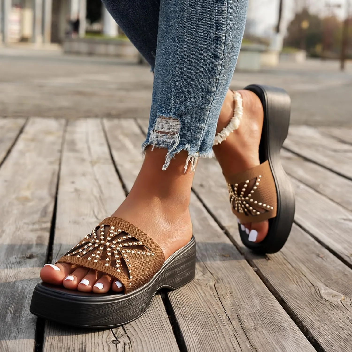 Womens Slide Sandals Plantar Fasciitis Arch Support Shoes Slip On Open Toe Thick Cushion Slippers Boho Beach Sandal Summer Walking Sandals Comfortable Casual Shoes Yoga Mat Shoe