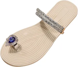 Women's Slippers Summer Rhinestone Toe Ring Loop Sandals Sparkly Strap Open Toe Slippers Slip-On Comfortable Beach Bohemian Flats